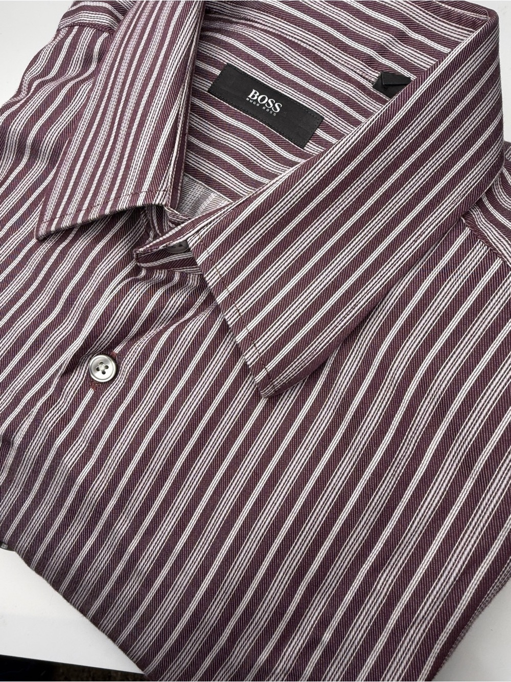 BOSS Maroon and White Striped Dress Shirt